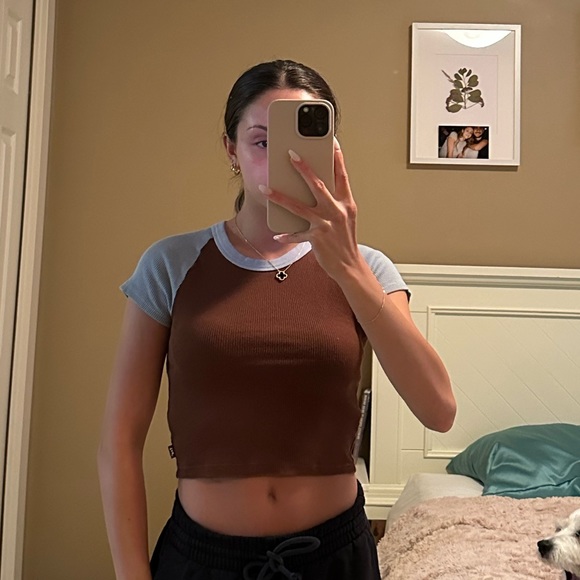 TNA (Aritzia) mocha brown and blue baby tee - Picture 1 of 3